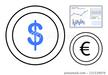 Dollar and Euro symbols inside circles next to a performance chart showcasing financial trends and data analytics. Ideal for economic analysis, global finance, investments, currency exchange 131539979