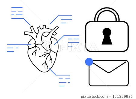 Detailed heart illustration connected to digital data lines, adjacent to a secure lock and email envelope. Ideal for healthcare, cybersecurity, data protection, medical communication, privacy Detailed heart illustration connected to digital data lines, adjacent to a secure lock and email envelope. Ideal for healthcare, cybersecurity, data protection, medical communication, privacy 131539985