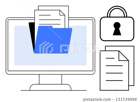 Computer monitor displaying files and a blue folder. Secure lock and documents. Ideal for data protection, cyber security, office productivity, organization, digital filing, business management Computer monitor displaying files and a blue folder. Secure lock and documents. Ideal for data protection, cyber security, office productivity, organization, digital filing, business management 131539999
