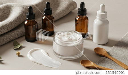 Elegant skincare collection with amber bottles and luxurious cream perfect for beauty blogs or spa promotions, showcasing a natural glow 131540001