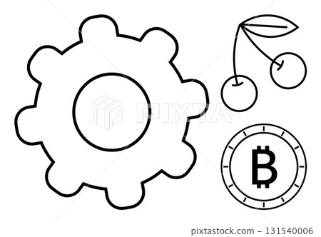 Cogwheel, cherries, and Bitcoin coin connected in minimalistic black outlines. Ideal for technology, finance, cryptocurrency, agriculture, food, industry, and digital transformation. Line metaphor Cogwheel, cherries, and Bitcoin coin connected in minimalistic black outlines. Ideal for technology, finance, cryptocurrency, agriculture, food, industry, and digital transformation. Line metaphor 131540006