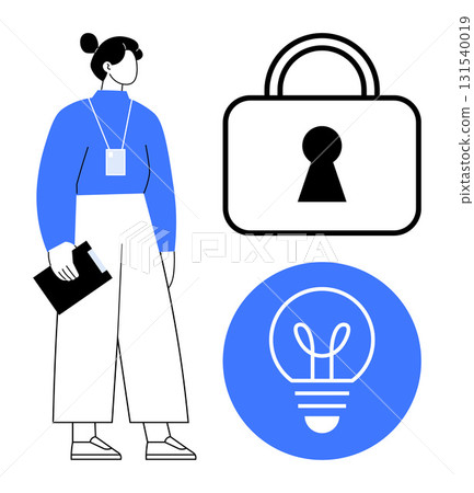 Business professional holding a clipboard, lock symbol, and light bulb icon. Ideal for security, innovation, corporate training, business strategy, problem-solving professional development. Line 131540019