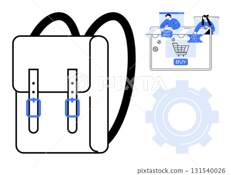 Backpack with blue buckles, online shopping activity, and gear symbolizing efficiency and process. Ideal for e-commerce, online shopping, retail, logistics, productivity, education and technology Backpack with blue buckles, online shopping activity, and gear symbolizing efficiency and process. Ideal for e-commerce, online shopping, retail, logistics, productivity, education and technology 131540026