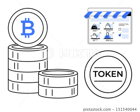 Stacked coins with Bitcoin symbol, a token, and an online store webpage with product listings. Ideal for e-commerce, finance, blockchain, cryptocurrency, digital payments, online shopping financial Stacked coins with Bitcoin symbol, a token, and an online store webpage with product listings. Ideal for e-commerce, finance, blockchain, cryptocurrency, digital payments, online shopping financial 131540044