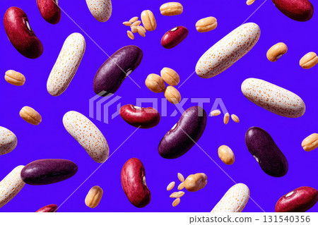 Floating beans seeds grains legumes and pulses on vibrant blue background create playful dynamic food pattern with healthy organic and nutritious feeling 131540356