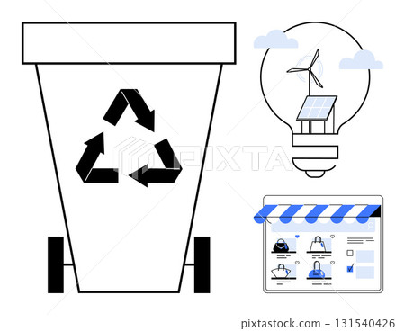 Recycling bin with recycle icon, lightbulb with wind turbine and solar panels, and online storefront interface. Ideal for sustainability, e-commerce, renewable energy, recycling, online shopping 131540426