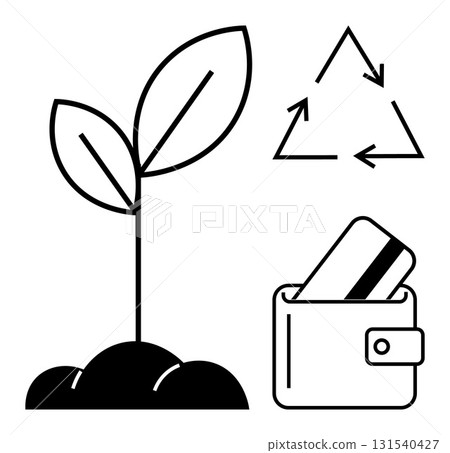 Plant with two leaves sprouting from soil, recycling arrows symbol, wallet with card. Ideal for environmental conservation, sustainable finance, growth, nature, recycling, eco-friendly practices Plant with two leaves sprouting from soil, recycling arrows symbol, wallet with card. Ideal for environmental conservation, sustainable finance, growth, nature, recycling, eco-friendly practices 131540427