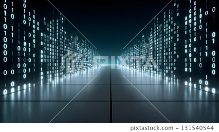 digital landscape featuring floating binary code, creating futuristic atmosphere. scene evokes sense of depth and technology, perfect for themes of data and innovation 131540544