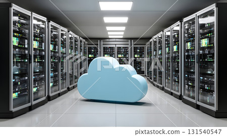 futuristic data center featuring rows of servers with prominent blue cloud symbolizing cloud computing technology. environment is sleek and modern, reflecting advanced technology 131540547