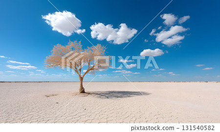 barren wasteland features lone tree standing resilient against climate change, surrounded by vast dry landscape under bright blue sky with fluffy clouds 131540582