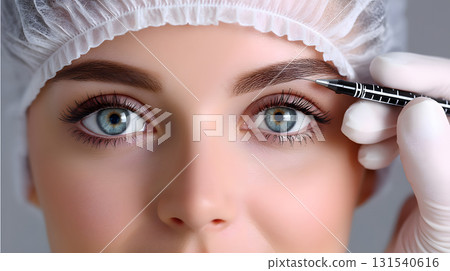 close up of woman with striking blue eyes, wearing hairnet and gloves, as she carefully applies makeup to her eyebrows, showcasing precision and beauty in cosmetic procedures 131540616
