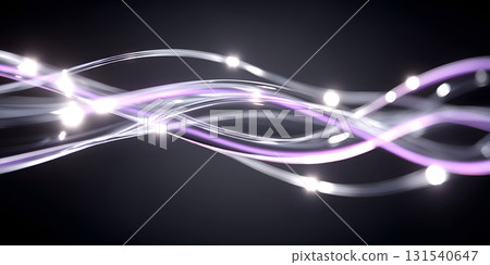 Swirling silver and purple light waves create mesmerizing energy field, evoking sense of motion and dynamism in dark background. This abstract design captivates viewer imagination 131540647