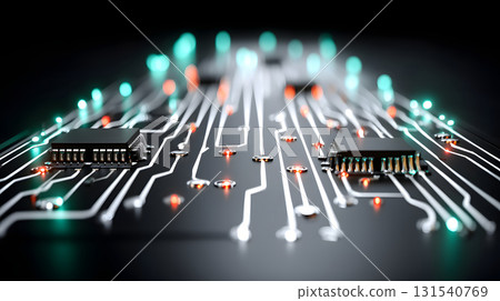 High detail digital circuit board with glowing lights, showcasing intricate pathways and components. vibrant colors create dynamic and modern technological atmosphere 131540769