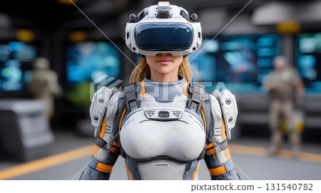 Immersive VR gaming environment featuring futuristic scene with character wearing advanced virtual reality gear. setting is high tech and engaging, showcasing innovation and excitement Immersive VR gaming environment featuring futuristic scene with character wearing advanced virtual reality gear. setting is high tech and engaging, showcasing innovation and excitement 131540782