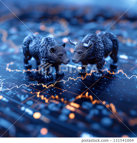 Bull and bear fighting on top of a giant gold bar Bull and bear fighting on top of a giant gold bar 131541004