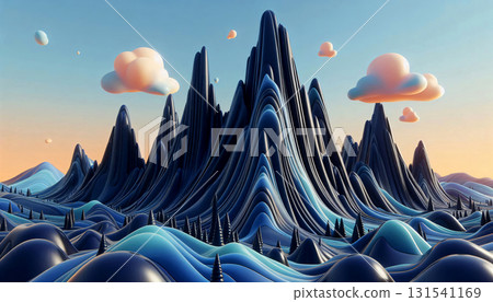 Surreal mountain peaks made of smooth obsidian glass 131541169