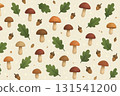 Autumn illustration pattern. Contains mushrooms, acorns, oak leaves and magical sparks 131541200