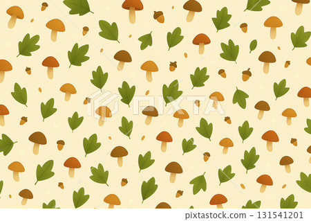 Warm fall seamless pattern inspired by forest walks. Cute mushrooms, rustic acorns and golden leaves create a natural woodland atmosphere for prints, fabrics and scrapbooking Warm fall seamless pattern inspired by forest walks. Cute mushrooms, rustic acorns and golden leaves create a natural woodland atmosphere for prints, fabrics and scrapbooking 131541201