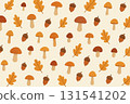 A seamless autumn pattern with mushrooms, acorns, and oak leaves. Orange color block 131541202