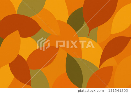 Seamless abstract pattern with overlapping autumn leaves in orange, yellow, and olive tones, perfect for textile, wallpaper, and seasonal designs 131541203