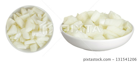 Onion slices in a ceramic bowl isolated on a white background. Top view. Flat lay. 131541206