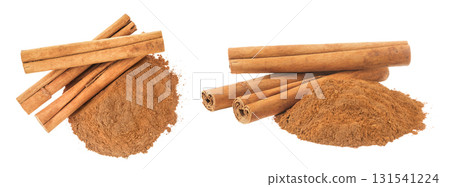 Cinnamon sticks and powder isolated on white background. Top view. Flat lay Cinnamon sticks and powder isolated on white background. Top view. Flat lay 131541224