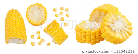 ear of corn isolated on a white background with full depth of field. Top view. Flat lay ear of corn isolated on a white background with full depth of field. Top view. Flat lay 131541231