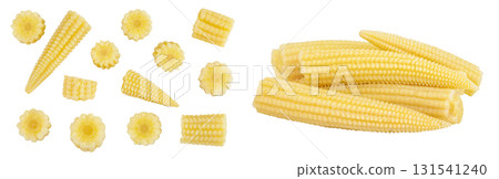 Pickled young baby corn cobs isolated on white background. Top view. Flat lay 131541240