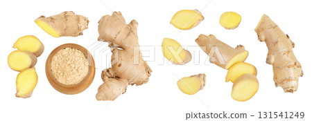fresh ginger and ground ginger in wooden bowl spice isolated on white background. Top view. Flat lay 131541249
