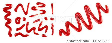 Red tomato sauce or ketchup isolated on white background. Top view. Flat lay. Set or collection 131541252