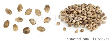 Hemp seeds isolated on white background with full depth of field. Top view. Flat lay Hemp seeds isolated on white background with full depth of field. Top view. Flat lay 131541255