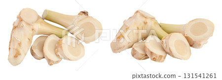 Fresh galangal root with slices isolated on white background with full depth of field. Top view. Flat lay Fresh galangal root with slices isolated on white background with full depth of field. Top view. Flat lay 131541261
