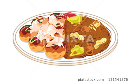 Illustration of takoyaki and yakisoba served on a plate 131541276