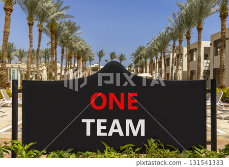 One team symbol. Concept word One team on beautiful black road sign. Beautiful palm trees and blue sky background. Business one team concept. Copy space. 131541383
