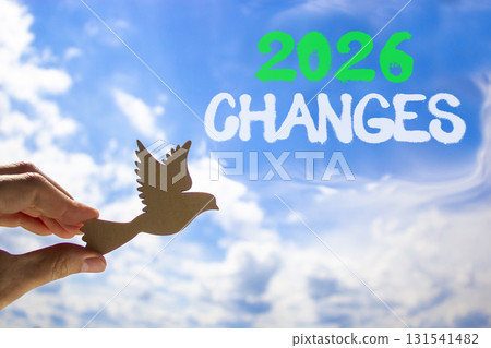 2026 Changes symbol. Concept words 2026 Changes on beautiful blue sky. Beautiful blue sky background. Businessman's hand holds wooden bird. Business and 2026 changes concept. Copy space. 2026 Changes symbol. Concept words 2026 Changes on beautiful blue sky. Beautiful blue sky background. Businessman's hand holds wooden bird. Business and 2026 changes concept. Copy space. 131541482