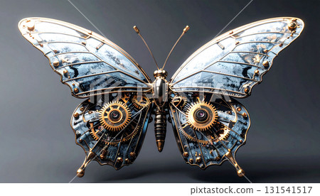 Steampunk butterfly mechanism with precision gears and metallic texture 131541517