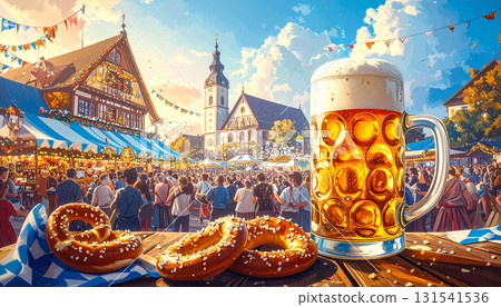 A lively Oktoberfest scene featuring beer and pretzels A lively Oktoberfest scene featuring beer and pretzels 131541536