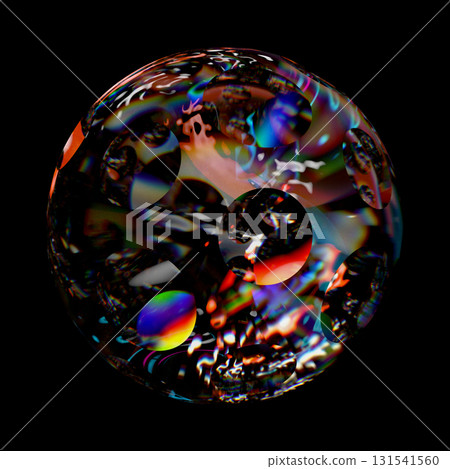 Glass Orb Showing Swirling Rainbow Refraction on Black Background 131541560