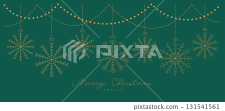 Thin line Christmas luxury banner, card, invitation with snowflake, toy, bauble on green vector background. Luxury invitation template with snow, garland package decoration. Thin line Christmas luxury banner, card, invitation with snowflake, toy, bauble on green vector background. Luxury invitation template with snow, garland package decoration. 131541561