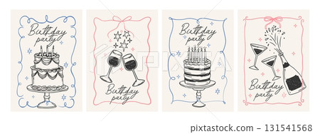Birthday party card. Hand drawn girly birthday poster. Quirky frame with celebration decor, cake, cocktail. Coquette style elements for invitation. Vector set Birthday party card. Hand drawn girly birthday poster. Quirky frame with celebration decor, cake, cocktail. Coquette style elements for invitation. Vector set 131541568