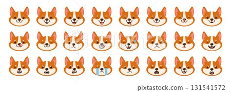 Dogs emotions. Corgi character face. Cartoon dog expressions with happy, angry, sad, smile, cry faces with tongue, nose. Funny puppy emoticons. Cute pet icons. Vector set 131541572