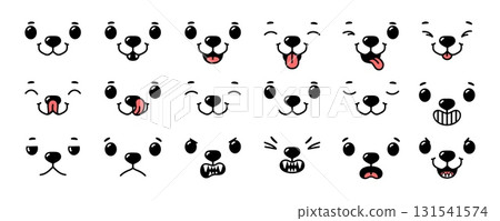 Dog face. Animal emoticons. Cartoon funny pet faces with mouth, teeth, tongue, eyes, nose. Happy puppy muzzle in mood. Angry or sad animals mascot expressions. Vector set 131541574