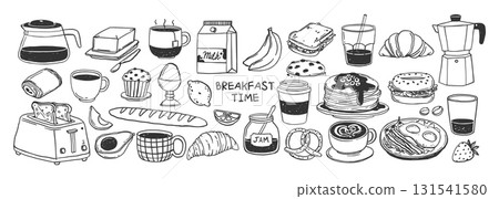 Hand drawn breakfast. Morning food meal. Sketch chalk brunch elements, doodle fresh food and drinks, coffee, tea, croissants, pancakes, eggs, toast. Cafe menu vector set Hand drawn breakfast. Morning food meal. Sketch chalk brunch elements, doodle fresh food and drinks, coffee, tea, croissants, pancakes, eggs, toast. Cafe menu vector set 131541580
