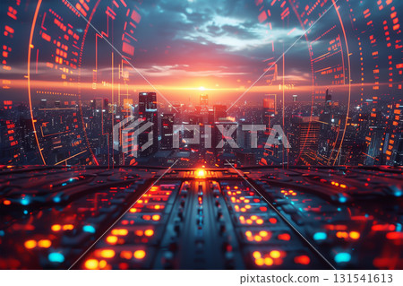 Stock trading dashboard projected in midair, futuristic hologram style Stock trading dashboard projected in midair, futuristic hologram style 131541613