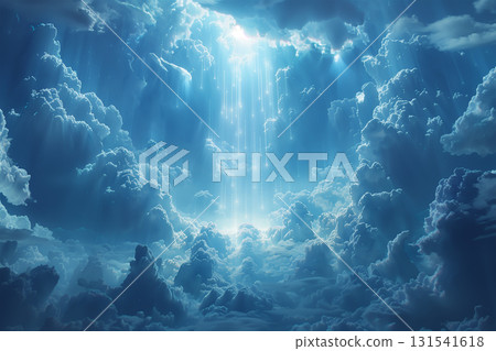 Surreal vault floating in sky with beams of data coming out 131541618