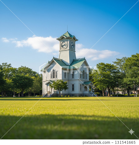 A park with a wide green lawn and a clock tower | Image of clear skies and early summer 131541665