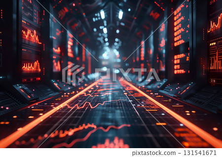 Stock trading dashboard projected in midair, futuristic hologram style Stock trading dashboard projected in midair, futuristic hologram style 131541671