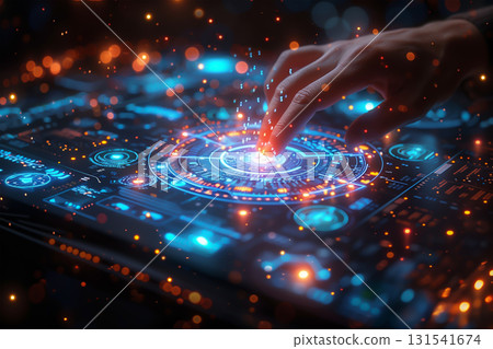 Stock trading dashboard projected in midair, futuristic hologram style Stock trading dashboard projected in midair, futuristic hologram style 131541674