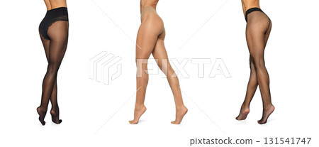 collection of different tights on sexy long fit woman legs isolated on white background. rear view 131541747