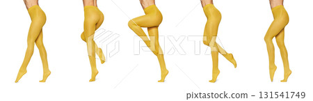 collection of yellow stockings on sexy long fit woman legs isolated on white background 131541749